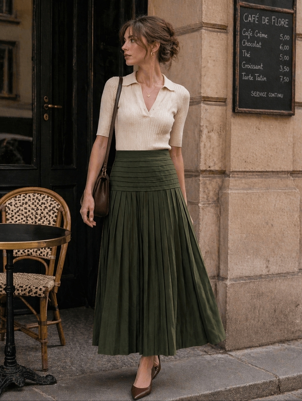 Vintage French Pleated Maxi Skirt – Olive Green – Size 44 EU - 6 US